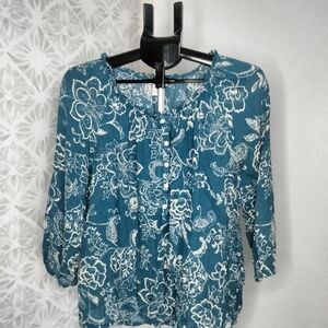 Lucky Brand Floral Blue Women's Peasant Blouse Boho